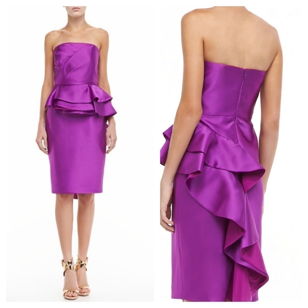Badgley mischka / purple magenta ruffle strapless satin peplum cocktail dress 4